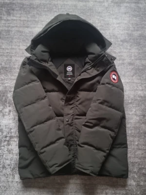 Mörkgrå dunjacka från Canada Goose XL - Säljer en mörkgrön, riktigt fet dunjacka från Canada Goose i storlek XL. Jackan har huva, klassisk patch på ärmen och stora quiltade partier. Perfekt för kalla dagar och har både dragkedja och knappar framtill. Grym vinterjacka för dig som vill hålla stilen. Päls ingår.