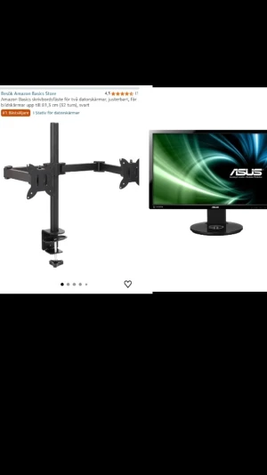 ASUS VG248 24" LED-skärm + Amazon Basics dubbelt skärmfäste - Säljer en ASUS VG248 24" LED-skärm (Full HD, 60hz, HDMI/DVI/DisplayPort) i fint skick samt ett Amazon Basics justerbart skrivbordsfäste för två skärmar (upp till 81,3 cm). Perfekt för gaming eller kontor. Inga synliga defekter. Säljer pga fått ny skärm 