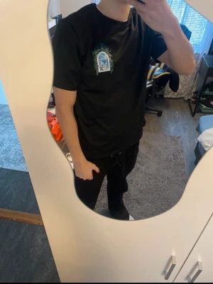 Svart Avenida Casablanca t-shirt - Säljer en svart t-shirt från Avenida Casablanca med ett stort tryck av ett fönster med blåvit utsikt och gröna blad på bröstet. T-shirten har rund hals och korta ärmar. Perfekt för dig som gillar grafiska prints och streetwear.