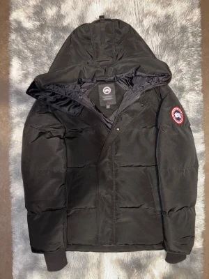 Svart pufferjacka från Canada Goose - Säljer en svart pufferjacka från Canada Goose med huva och klassisk logga på ärmen. Jackan har quiltad design, dragkedja och ribbade muddar vid ärmslut. Perfekt för kalla dagar och har en clean look som funkar till allt. Har Inga synliga användningar har använt den 2 gånger säljer den pågrund att den har blivit liten Jätte bra kvalitet 