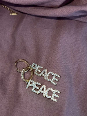 Ioaku örhängen  - Bilderna visar örhängen med texten 'PEACE' i glittrande stenar. Nästan aldrig använda. Nypris är 599
