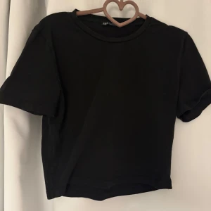 Svart basic t-shirt från Zara - En svart, enkel t-shirt från Zara i storlek L. Modellen är rak med korta ärmar och rund halsringning. Perfekt till jeans eller kjol för en clean och stilren look. Gjord i mjuk bomull som känns skön mot huden.