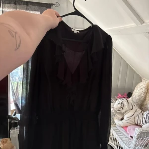 Svart volangklänning från Bubbleroom - Svart klänning från Bubbleroom med långa transparenta ärmar och volangdetaljer vid ringningen. Klänningen har markerad midja och lätt v-ringad hals. Perfekt för dig som gillar en feminin och stilren look.