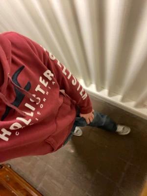 Hollister Hoodie - Snygg röd hoodie från Hollister med stor logga och fågeltryck på bröstet samt text på ena ärmen. Tröjan har huva med snörning och en klassisk känguruficka framtill. Inga defekter. Om du undrar något är det bara att skriva🙌✅