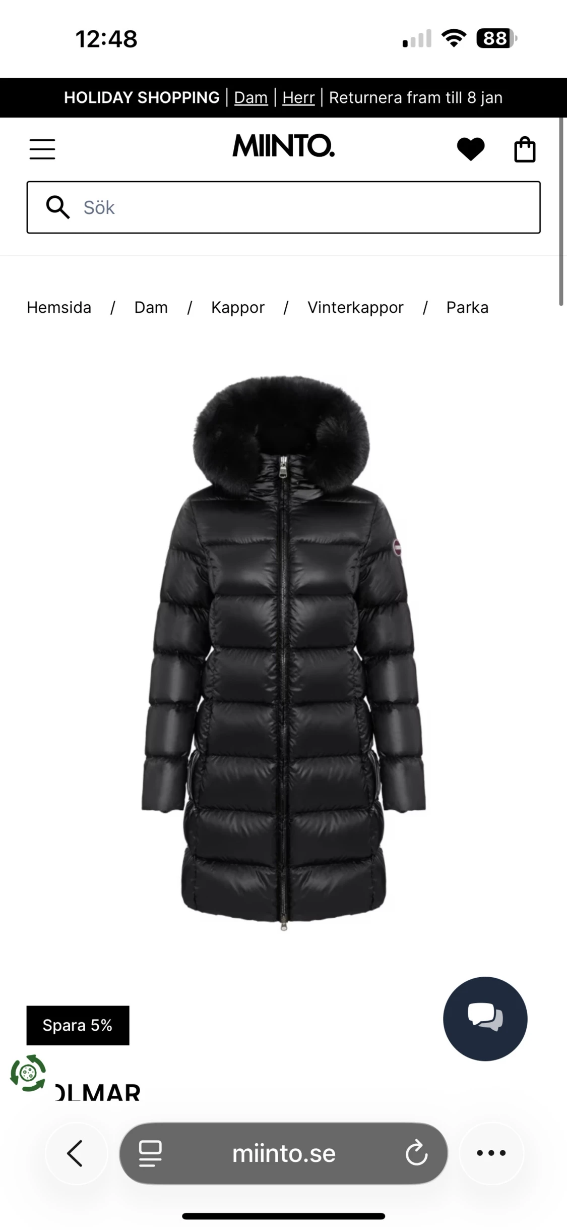 Svart lång pufferjacka från Colmar