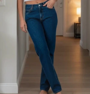 Blå raka jeans low waist 26/32 - Snygga blå jeans från BikBok never denim med låg midja och raka ben. Klassisk femficksmodell i denim med enkel design och normal passform. Perfekta till en avslappnad stil och funkar året runt. Midjan är låg och benen är raka hela vägen ner.