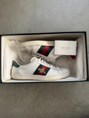 Gucci Ace sneakers med broderad bee - Gucci Ace sneakers i vitt skinn med klassiska gröna och röda ränder på sidan samt en broderad guldfärgad bi. Grön detalj på hälen med Gucci-mönster. Platt sula med unikt mönster undertill och snörning framtill. Kommer med originalkartong. Skorna är stora i storleken och passar 42-43. Kan gå ner i pris vid snabb affär. Hör av dig vid minsta lilla fråga.
