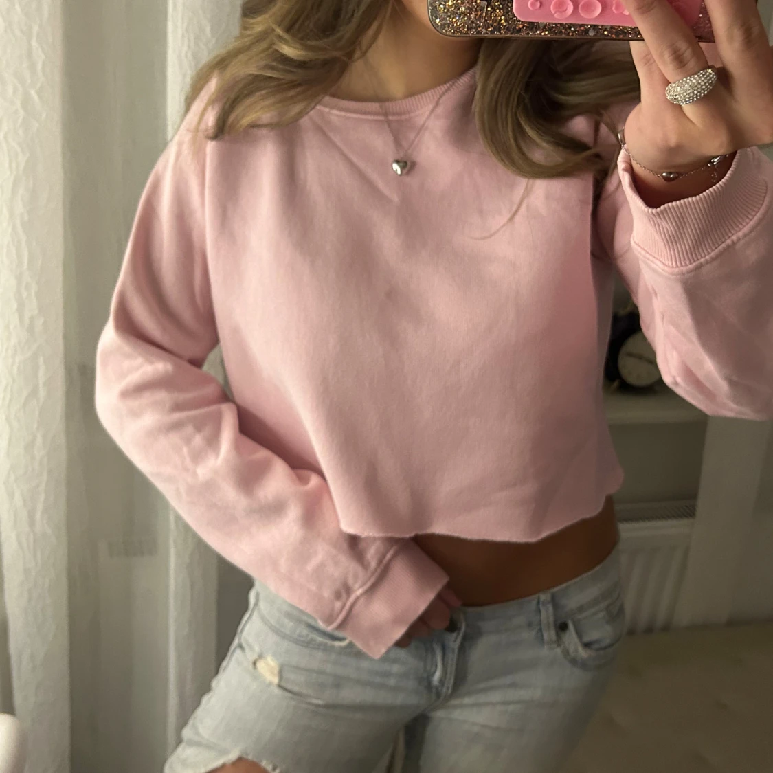 Ljusrosa croppad sweatshirt - 1