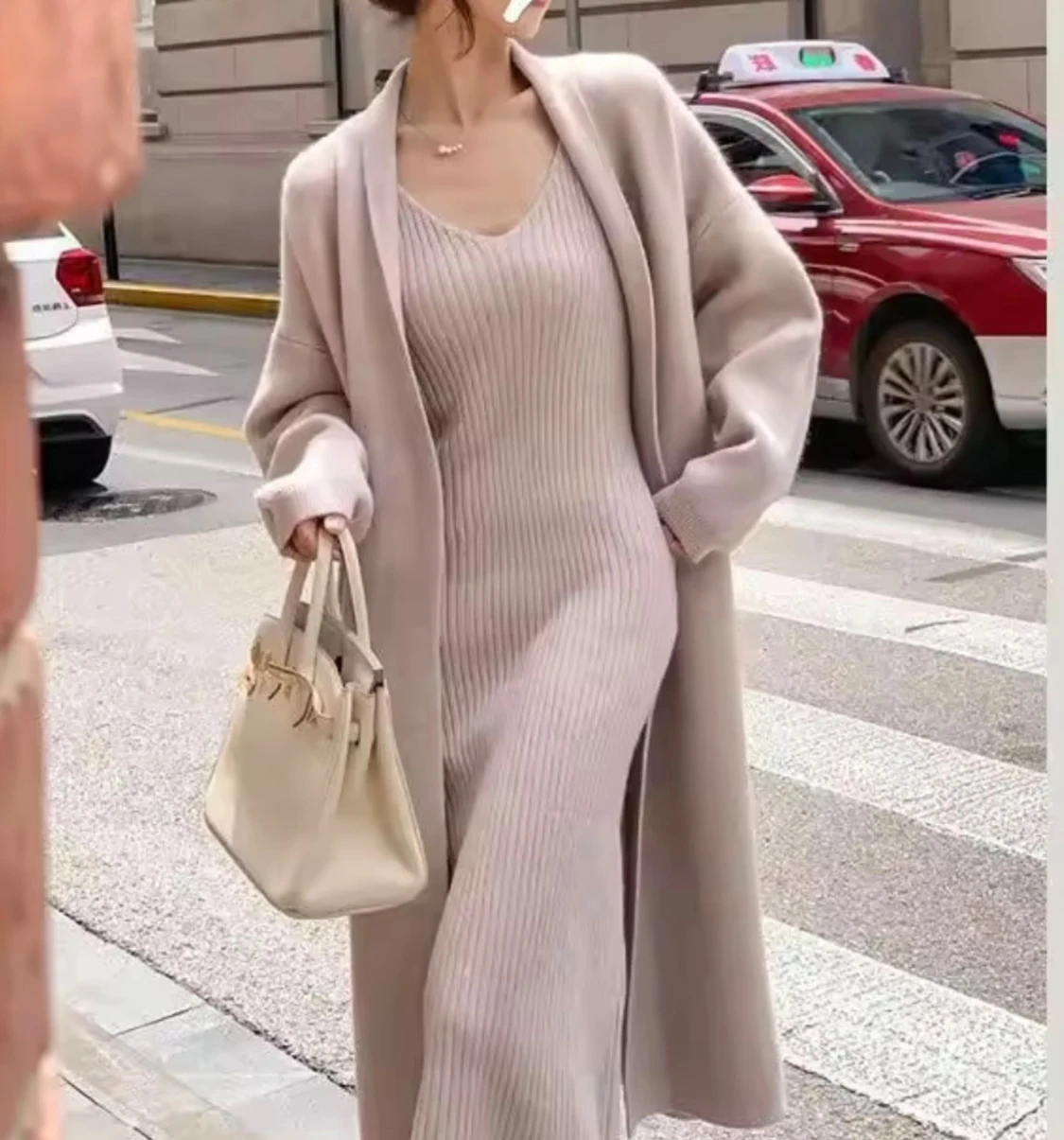 Set ribbad kofta med klänning