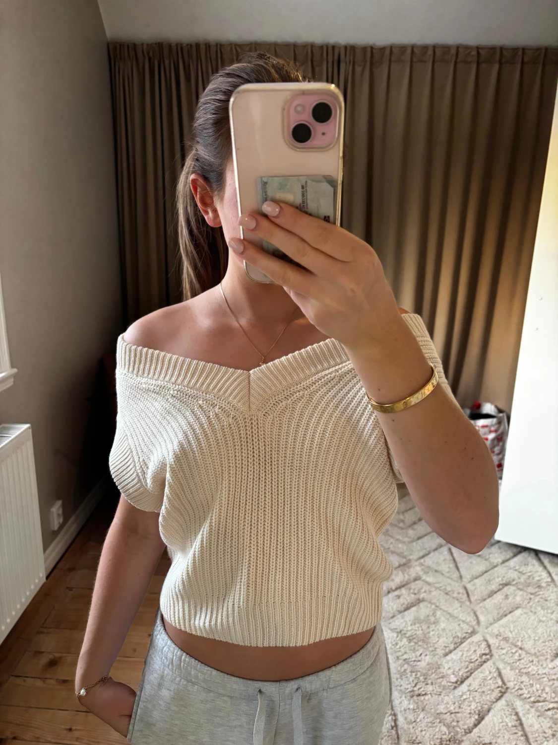 Krämvit stickad croppad topp - 2