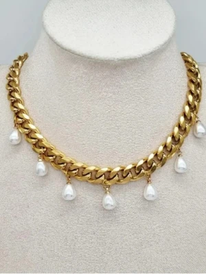 Stilfullt halsband med pärlor  - Material-guldpläterat rostfritt stål  304. Kjedja-10mm #11