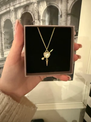 Guldigt halsband med hjärthänge - Snyggt halsband i guldton med ett hjärthänge som har en glittrande sten i mitten. Hänget har detaljer som en pil och en spets, vilket ger en cool och unik look. Perfekt accessoar för att lyfta din outfit.