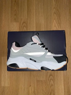 B22 Grå/Rosa - Säljer ett par chunky Dior sneakers i grått, vitt och svart med detaljer i mesh och läder. Skorna har en kraftig sula och svart logga på sidan. Perfekta för dig som gillar streetwear och vill sticka ut med en modern och trendig look.