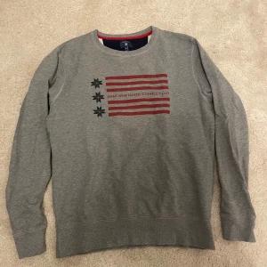 Grå tröja från GANT - Säljer en snygg grå tröja från GANT i storlek M. Den har ett coolt tryck med röda ränder och stjärnor på framsidan. Perfekt för en avslappnad stil och passar bra till både jeans och chinos. Tröjan är i mycket bra skick och redo för nya äventyr!