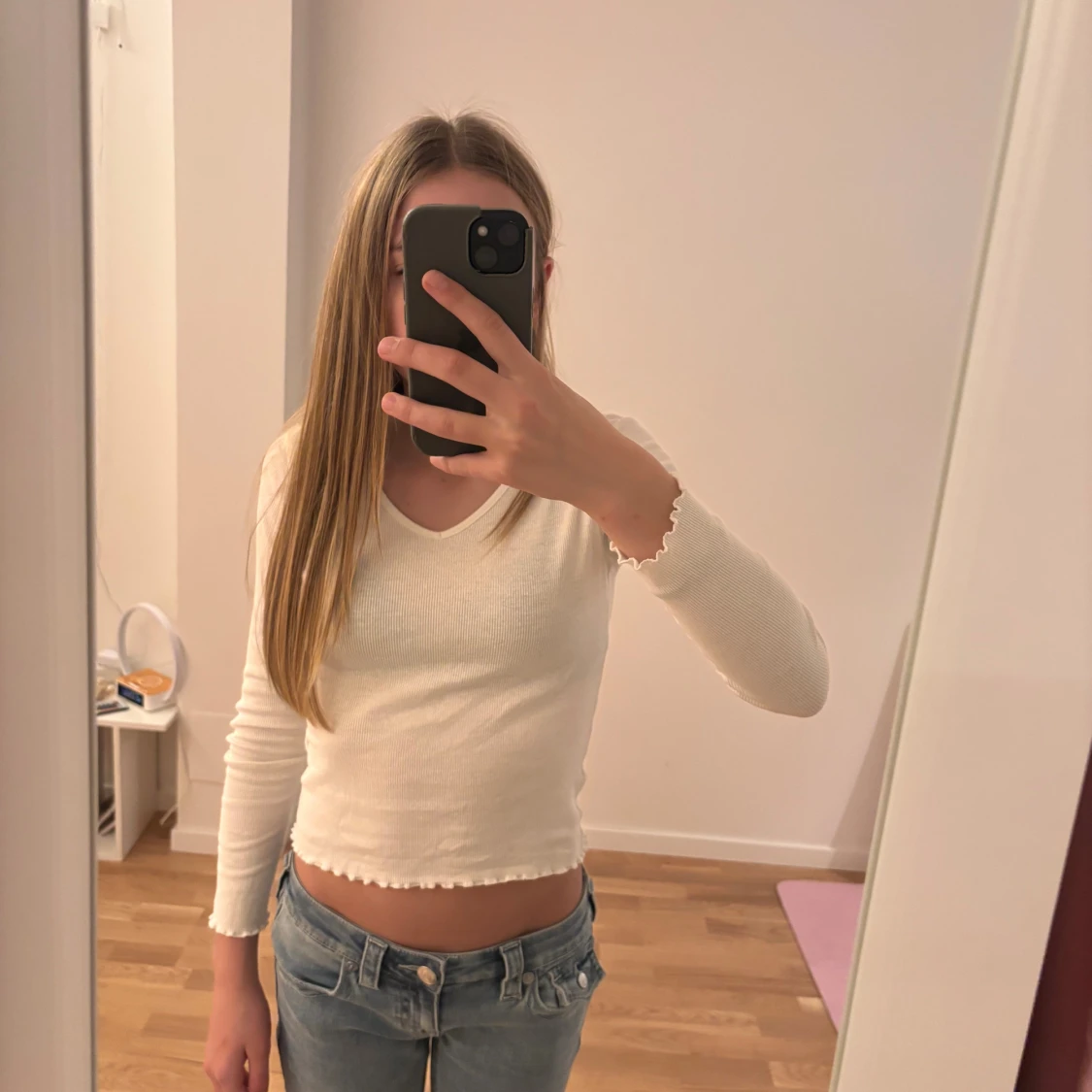 Vit ribbad långärmad topp från H&M