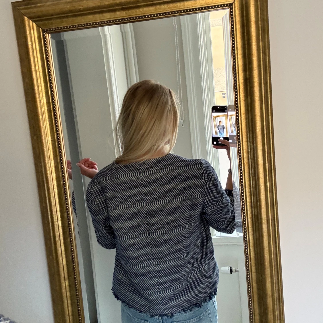 Blåvit rutig overshirt med fransar - 4