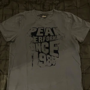 Grå Peak Performance t-shirt - Snygg grå t-shirt från Peak Performance med stort tryck på bröstet där det står 'Peak Performance 1986'. Klassisk rund hals och korta ärmar. Skön passform och tillverkad i mjuk bomull. Perfekt för en avslappnad stil.
