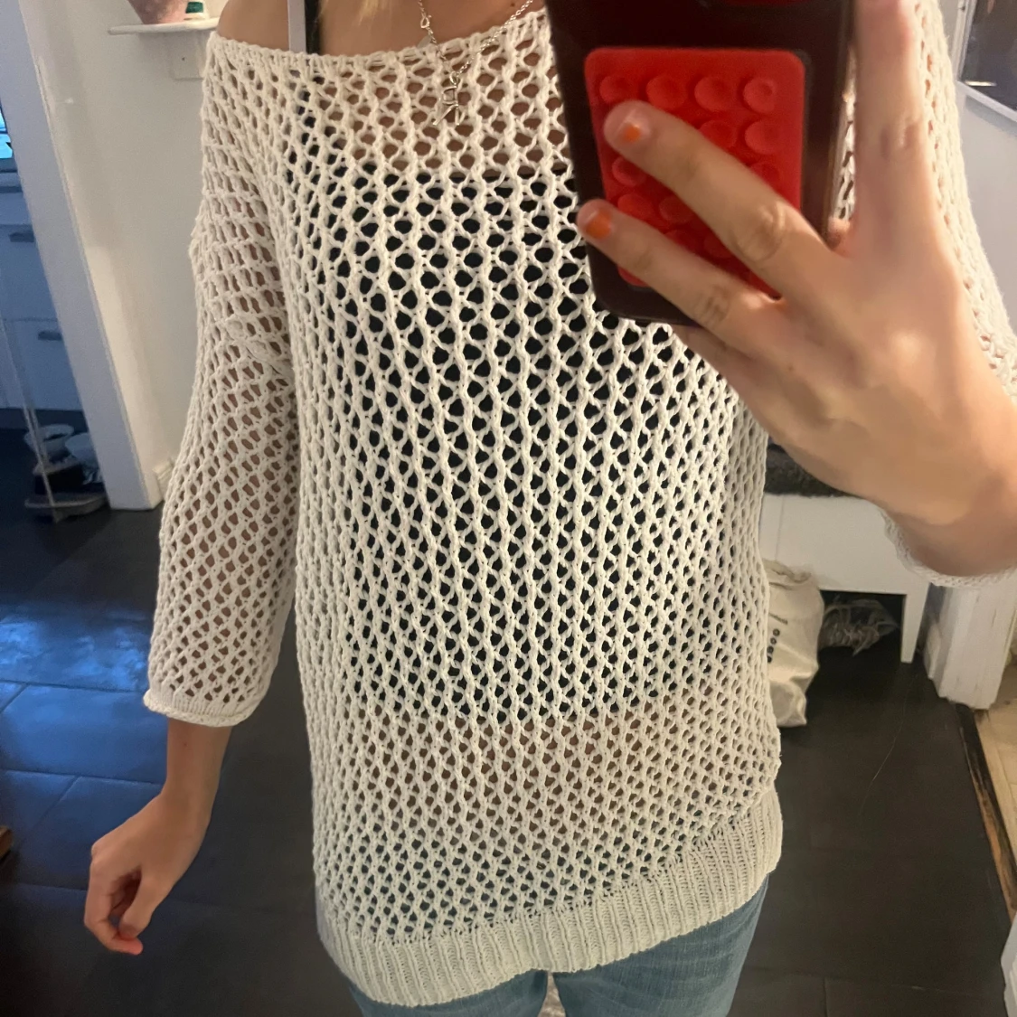 Vit stickad meshtröja med trekvartsärm - 1