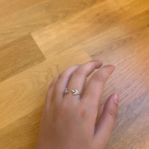 Söt silverring med blad och stenar - En öppen silverring dekorerad med små gnistrande stenar och fina bladformade detaljer. Ringen har en elegant och trendig design som verkligen sticker ut. Perfekt accessoar för dig som gillar naturinspirerade smycken och vill ha något unikt på fingret.