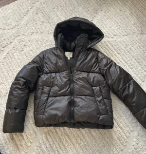 Svart pufferjacka med huva - Säljer en svart pufferjacka med huva och dragkedja framtill. Jackan har en boxig passform och är perfekt för kyliga dagar. Materialet är glansigt och ger en modern look. Passar dig som vill ha en enkel men snygg jacka till vardags.