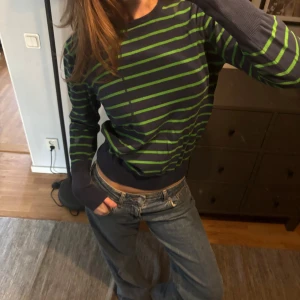 Blå och grön randig  tröja - Säljer en snygg långärmad tröja med marinblå bas och smala gröna ränder. Tröjan har rund halsringning och ribbade muddar vid ärmslut och midja.