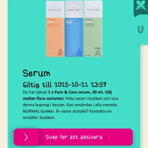 Pure & Care serum 30 ml - Serum från Pure & Care i 30 ml flaska, finns i flera varianter som Vitamin C (orange), Collagen (blå) och Retinol (ljusgrön). Snygga förpackningar med stilren design, perfekt för dig som vill boosta din hudvårdsrutin. Säljer pga stt min hud är väldigt känslig💕 du kan välja vilken du vill ha fram tills den 20/10 då jag behöver hämta en från butiken 🌸
