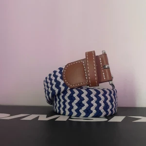 Randigt blått och vitt bälte med skinn - Säljer ett snyggt randigt bälte i blått och vitt med bruna skinn-detaljer och silvrigt spänne. Bältet har en flätad design som ger en cool och modern look. Perfekt för att lyfta din outfit med lite extra färg och stil.