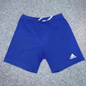 Blå Adidas shorts med snörning - Säljer ett par blå sportiga shorts från Adidas med vit logga på benet. De har elastisk midja med snörning. Hör av dig vid funderingar eller behov av fler bilder.