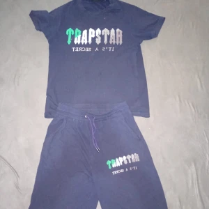 Mörkblå Trapstar shorts med snörning - Säljer ett par mörkblå shorts från Trapstar med tryckt logga och texten 'IT'S A SECRET' på ena benet. Shortsen har elastisk midja med snörning och sidofickor. Perfekta för chill dagar eller streetwear-stil.