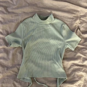 Ljusgrön ribbad polotopp Gina Tricot - Säljer en ljusgrön ribbad polotopp från Gina Tricot i storlek S. Toppen har korta ärmar, hög krage och öppen rygg med knytband. 
