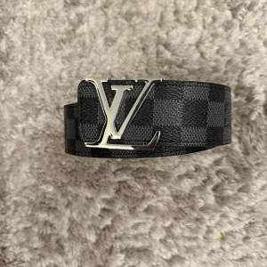 Louis Vui-tton rutigt svart bälte - Snyggt bälte från Louis Vui-tton med klassiskt rutigt mönster i svart och grått. Bältet har en stor silverfärgad logga som spänne och är gjort i skinn. Perfekt accessoar för att lyfta din outfit med en lyxig touch.