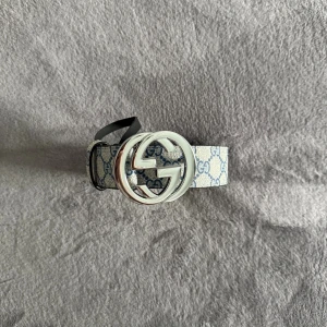 Gucci bälte  - Säljer ett Gucci GG Supreme bälte med klassiskt monogrammönster i blått och beige. Bältet har en stor rund silverfärgad GG-spänne och är tillverkat i skinn med canvas på ovansidan. Perfekt för dig som vill ha en lyxig och ikonisk accessoar.