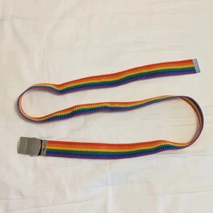 Regnbågsfärgat bälte med metallspänne - Regnbågsfärgat bälte med ett metallspänne.                                 Köpt på Plick, sista bilden lånad. Ca 120 cm långt och  3 cm brett.