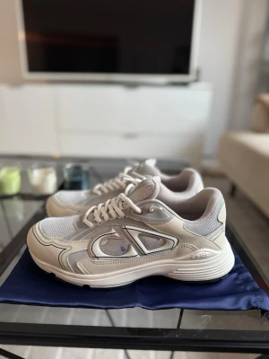 Beige dior b30 sneakers  - Den har en liten blå fläck på vänster skorn men den kan nog gå bort om man fixar till det lite.Snygga beige sneakers från Dior med grå meshpaneler och vita detaljer. Skorna har en chunky sula, CD-logga på sidan och bak, samt klassisk snörning. Perfekta för dig som gillar stilrena och exklusiva sneakers med sportig vibe.