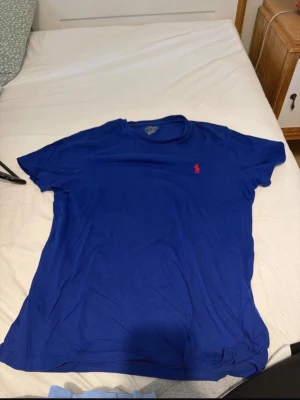 Blå t-shirt från Polo Ralph Lauren - Klassisk blå t-shirt från Polo Ralph Lauren med röd broderad logga på bröstet. T-shirten har rund hals och korta ärmar, perfekt för en clean och stilren look. Tillverkad i mjuk bomull som känns skön mot huden.