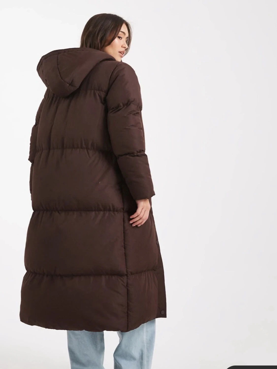 Lång mörkbrun pufferjacka med huva - 1