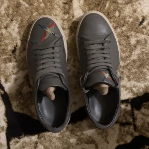 Grå Axel Arigato skor med broderade fåglar - Snygga grå sneakers från Axel Arigato med  färgglada fåglar på sidorna och tån. Skorna har vita sulor, rund tå och klassisk snörning. Tillverkade i skinn för en lyxig känsla och stilren look. Riktigt fräscha skor och du kommer garanterat få komplimanger. De finns inte att köpa någonstans längre. Väldigt unika är de också.
