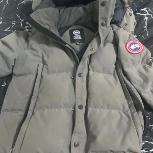 Grå dunjacka från Canada Goose - Säljer en grå dunjacka från Canada Goose med huva och klassisk logga på ärmen. Jackan har dragkedja och knappar framtill, två snedställda fickor med dragkedja och quiltad design. Perfekt för kalla dagar och riktigt snygg streetstil.