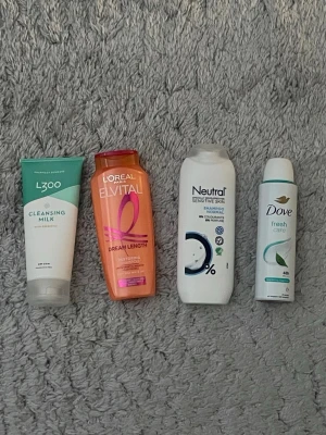 Produkter - Loreal schampoot är halva kvar. Neutral schampoot är använd få gånger, Deo sprayen är använd få gånger och L300 cleansern är typ 50% kvar i. Skickar även med ett paket våtservetter