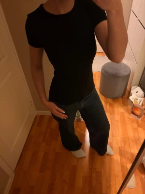 Svart t-shirt från H&M, storlek S, lite ribbad. - Säljer en enkel svart t-shirt från H&M i storlek S. Modellen är klassisk med rund hals och korta ärmar, sitter tight och har en mjuk bomullskänsla. Perfekt att matcha med jeans eller shorts för en clean look.