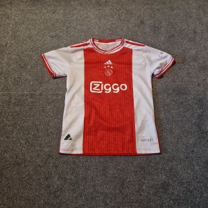 Ajax Tadic #10 matchtröja och shorts - Ajax hemmatröja med Tadic #10 på ryggen, tillverkad i lätt och ventilerande material. Klassisk röd mittpanel med vita sidor och Ziggo-logga på bröstet. Adidas-logga och Heat.RDY-teknologi. Matchande röda shorts med vita ränder och Ajax-emblem. Perfekt för fotbollsfans!
