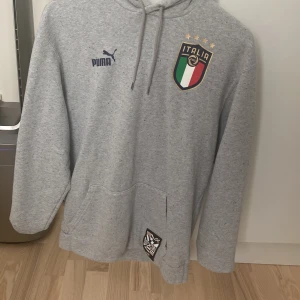 Grå Italia hoodie från Puma - Säljer en grå hoodie från Puma med Italiens landslagstryck och coola grafiska detaljer. Tröjan har huva med snörning, stor ficka framtill och tryck både fram och bak. Perfekt för dig som gillar fotboll och streetwear.