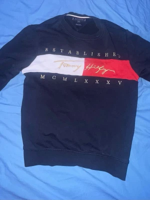 Svart sweatshirt Tommy Hilfiger - Snygg svart sweatshirt från Tommy Hilfiger med stort broderat logotyptryck i vitt, rött och guld på bröstet. Tröjan har rund halsringning och ribbade muddar vid ärmslut och nederkant. Perfekt för en avslappnad och trendig look.