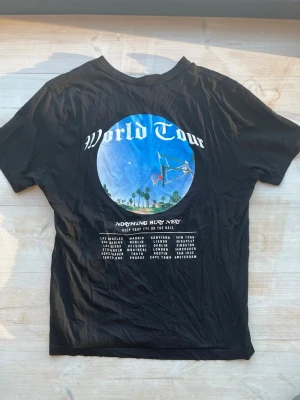 Svart t-shirt H&M Divided med ryggtryck strl L - Cool svart t-shirt från H&M Divided med stort färgglatt World Tour-tryck på baksidan och lista över städer. Klassisk rund hals och korta ärmar. Perfekt för dig som gillar streetstyle och grafiska prints.