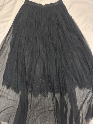 Svart långkjol i mesh från Guess - Säljer en svart långkjol från Guess med flera lager mesh och spetsdetaljer. Kjolen har elastisk midja med en liten metallogo framtill. Perfekt för dig som gillar en flowy och elegant stil.