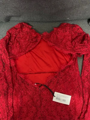 Röd spetsklänning från NLY One - Snygg röd spetsklänning från NLY One i storlek XL. Klänningen har vackra spetsdetaljer och är perfekt för dig som vill sticka ut. Modellen är figurnära och har lång ärm. Passar till dig som gillar trendiga och feminina plagg.