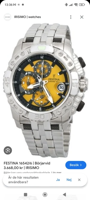 Festina Chrono Dike gul/silver herrklocka - Snygg och robust herrklocka från Festina, modell Chrono Dike. Klockan har en cool gul urtavla med svarta och silvriga detaljer, flera subdials och datumvisning. Länken och boetten är i blankt rostfritt stål med sportig design och markerad bezel. Behöver nytt batteri 