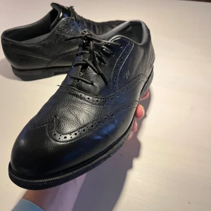 Svarta Reebok golfskor i skinn - Säljer ett par svarta golfskor från Reebok med klassisk snörning och dekorativa perforeringar. Skorna har rund tå och är tillverkade i äkta skinn med trevliga golfsulor 