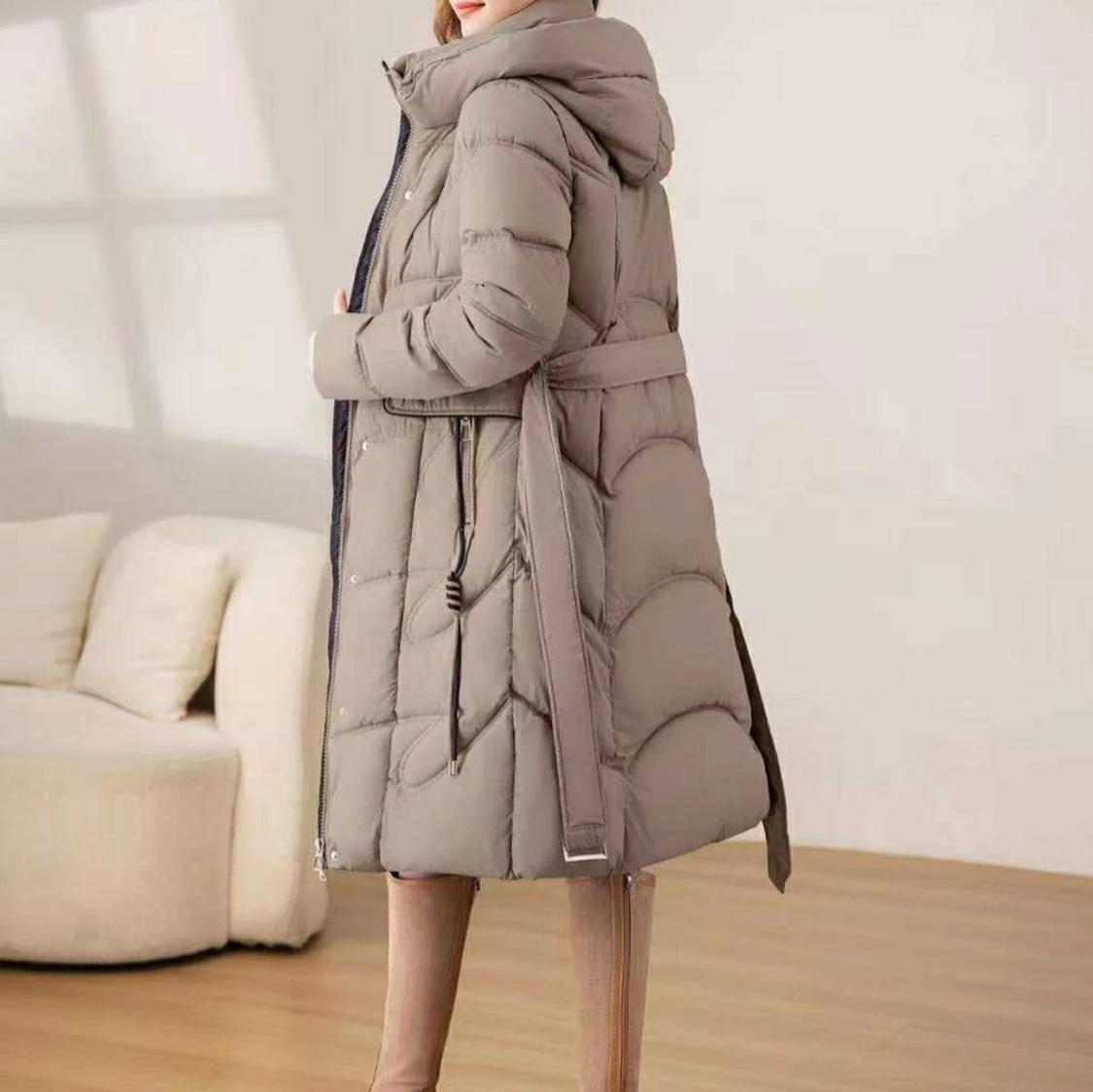 Beige lång pufferjacka med huva - 4