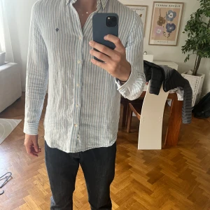 Randig ljusblå skjorta från Morris - Säljer en fräsch skjorta från Morris i ljusblått och vitt randigt mönster. Skjortan har klassisk krage, knäppning framtill och lång ärm. Tillverkad i tunn och skön bomull, perfekt för vår och sommar. Diskret Morris-logga broderad på bröstet.